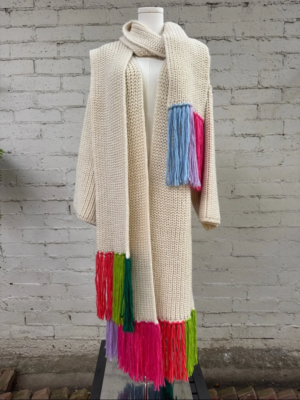 By Anthropologie Long Cardigan + Scarf Set Ivory Rainbow Fringe One Size